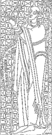 Authentisches Bild Goswins von Anchin aus der Hand des Mönches Johann von Anchin, Faksimile, Miniatur aus dem Frontispiz zu „Augustini De Trinitate“, Manuskript aus dem 12. Jahrhundert, vormals Bibliothèque de Douai MS Nr. 296, heute verschollen. Wiedergegeben in E. A. Escallier: L’abbaye d’Anchin, Lille 1852. 