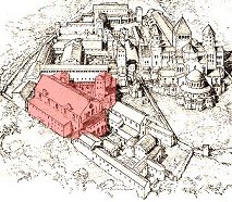 Rekonstruktion Cluny, Infirmarium rot unterlegt, nach den Ergebnissen der Ausgrabung von K. Conant.